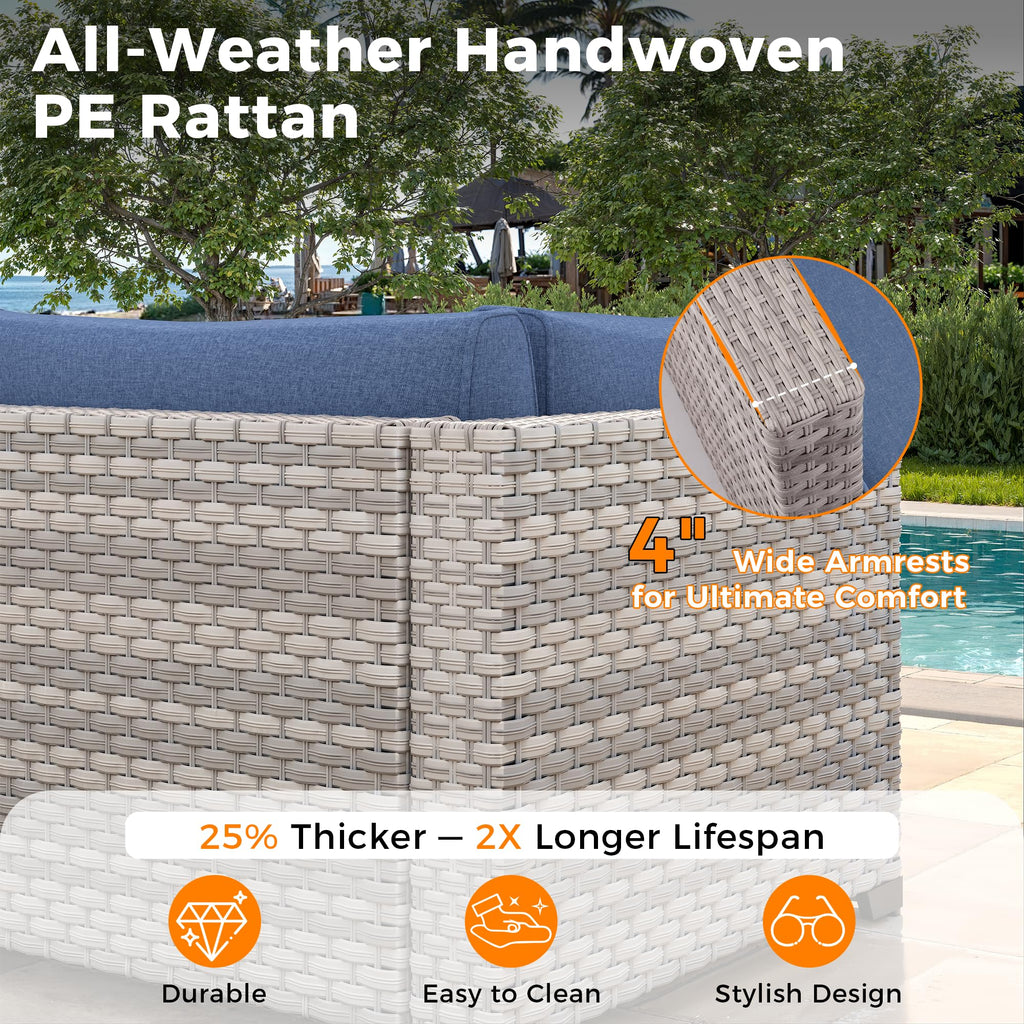 6-Seat Modern Outdoor Wicker Rattan Patio Furniture Set with 55, 000 BTU Fire Pit Table, Thick 4′′ Cushions