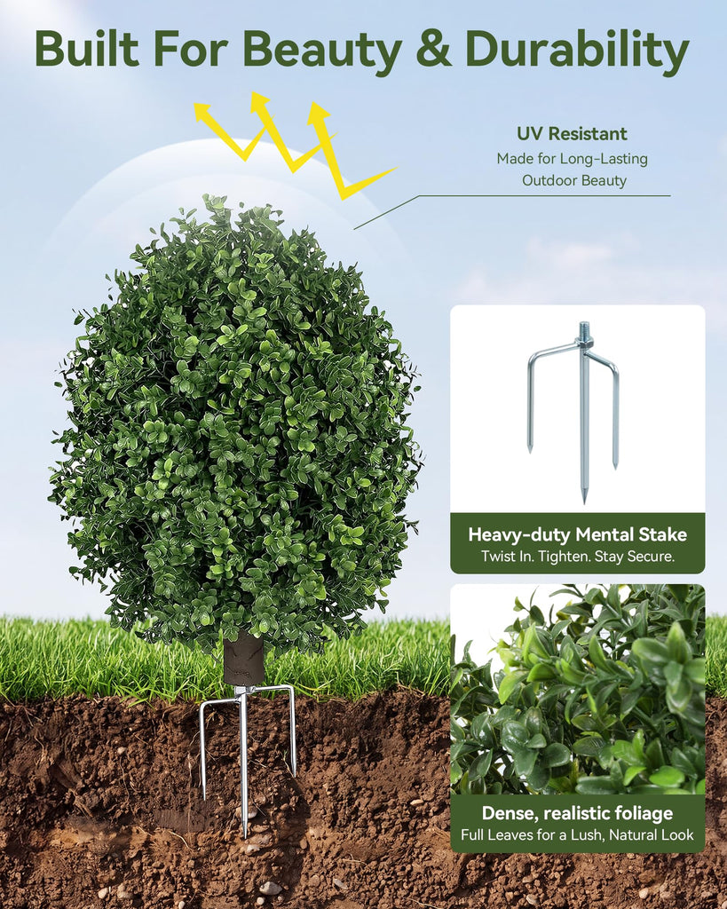 27" Artificial Boxwood Topiary Ball with Ground Spike, Fake Plants 2 Pcs