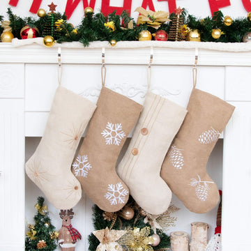 Christmas Stockings 4 Packs for Family 18.5" Large Linen Embroidery Classic Christmas Stockings Burlap Minimalist