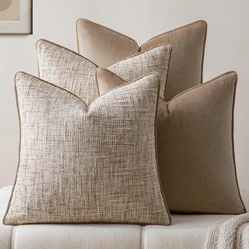Khaki 4 Pack Throw Pillow Covers - Chenille & Velvet Set with Piping, Farmhouse Textured Design Cushion Cases for