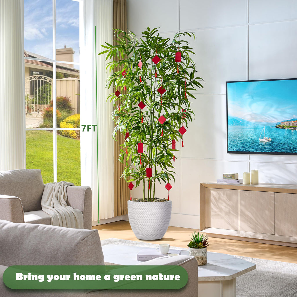 Artificial Tree Fake Plants, Artificial Bamboo Tree 7FT Tall in White Potted, Artificial Tree Indoor Decor Bamboo