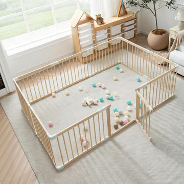 Wooden Baby Playpen Foldable Play Yard with Gate 86"x58" Natural Wood | Foldable wooden playpen, dual-lock gate