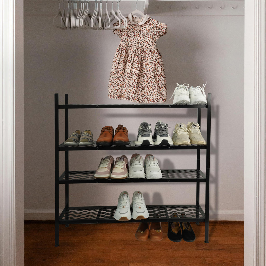 Long Expandable Metal Shoe Rack for Closet, Entryway, Garage, 4-Tier, Black