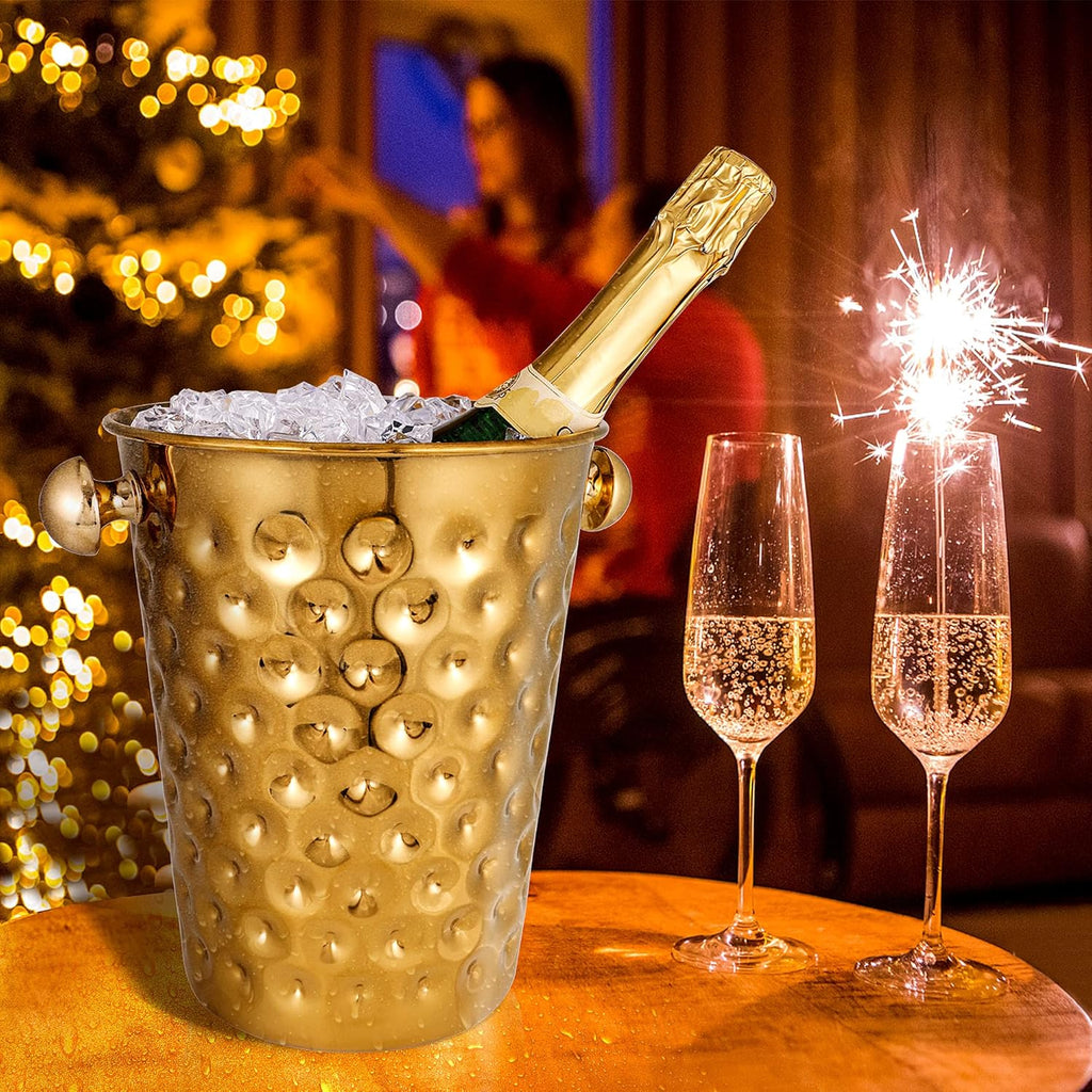 5-Quart Metal Golden Champagne Bucket, Hammered Mirror Finish Stainless Steel Ice Bucket for Party, Wedding, Banquet