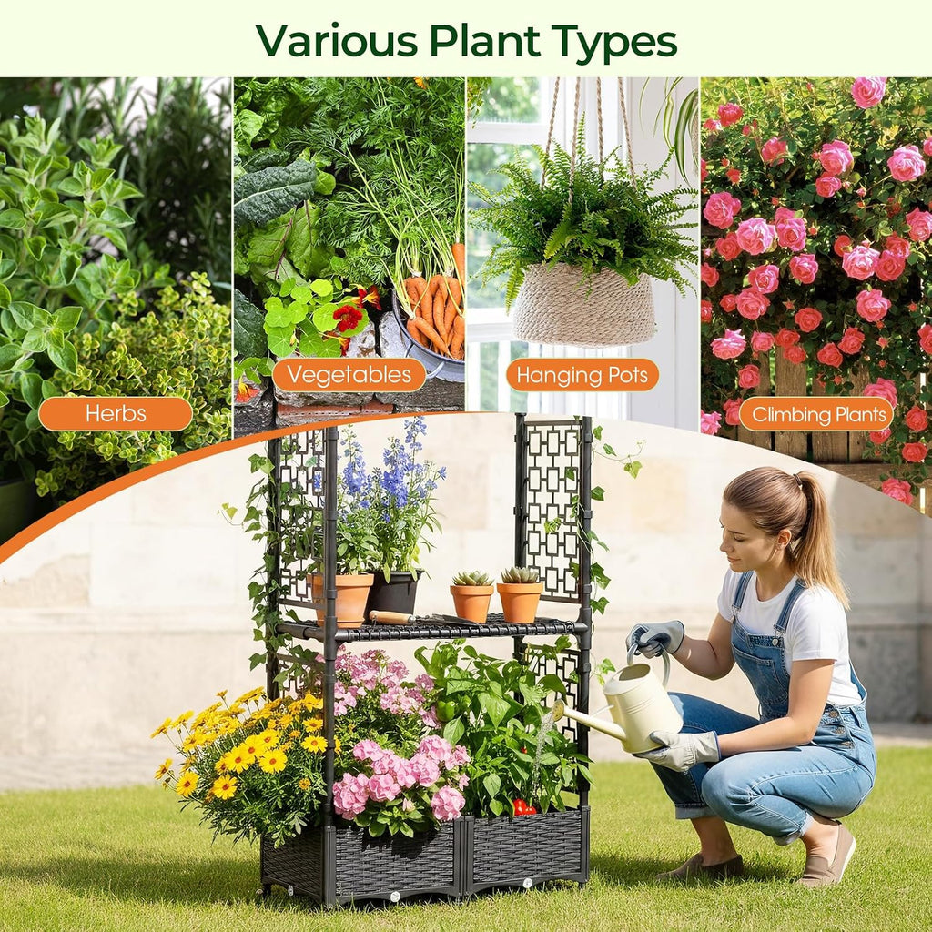 71"x16"x32" Planter Box with Trellis, 3-in-1 Self-Watering Planter Box with Wheels ,Raised Garden Bed with Trellis