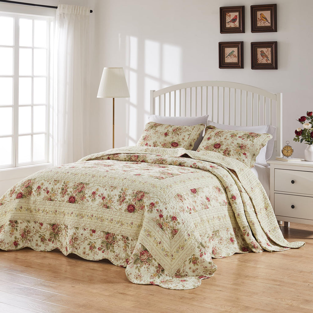 Antique Rose Jumbo Oversized 100% Cotton Bedding Set, Bedspread 110 W x 118 L with 2 Shams 20 W x 26 L Each