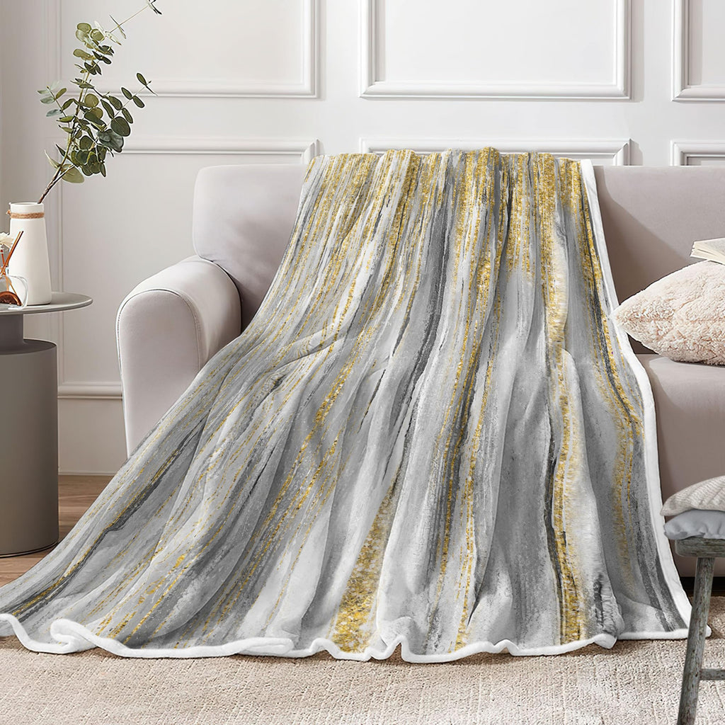 Gray Gold Throw Blanket, Grey Abstract Texture Soft Fleece Blankets for Couch Sofa Bedroom, Morden Blanket for Women