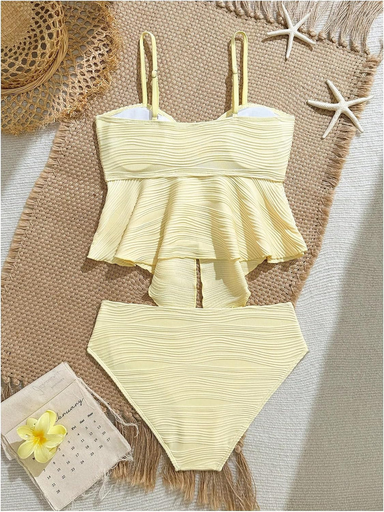 Teen Girl Swimsuit 2pcs Tankini Textured Camisole Tops with Panty Vacation Cruise Outfits