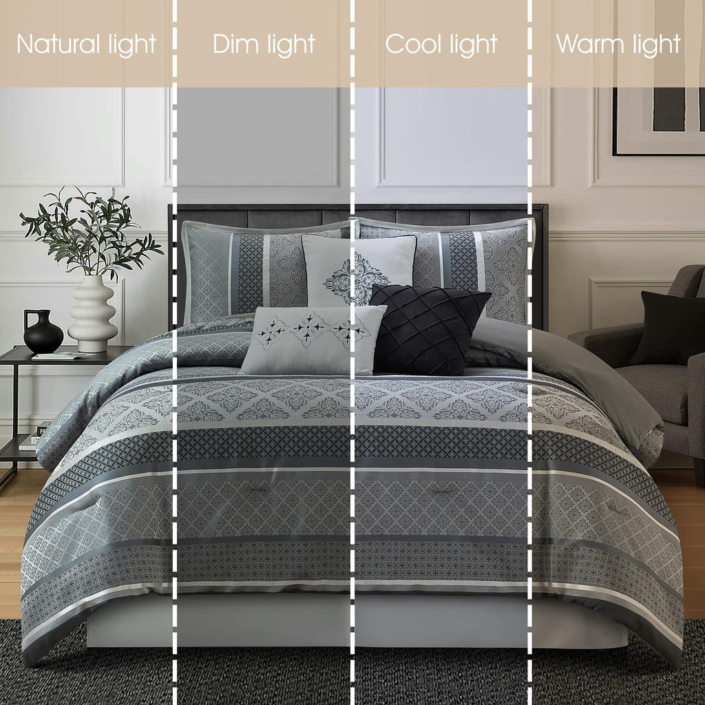 Jacquard 7 Piece Comforter Set, Grey, Bed Size Queen, Geometric Bedding Set, Matching Shams, Bedskirt, Decorative