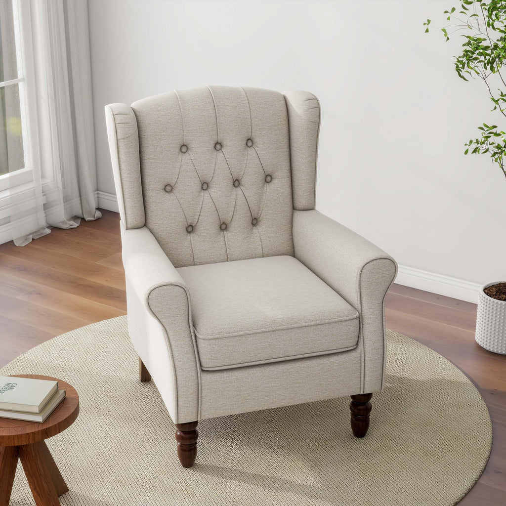 Chenille Wingback Accent Chair, Tufted High Back Armchair, Beige
