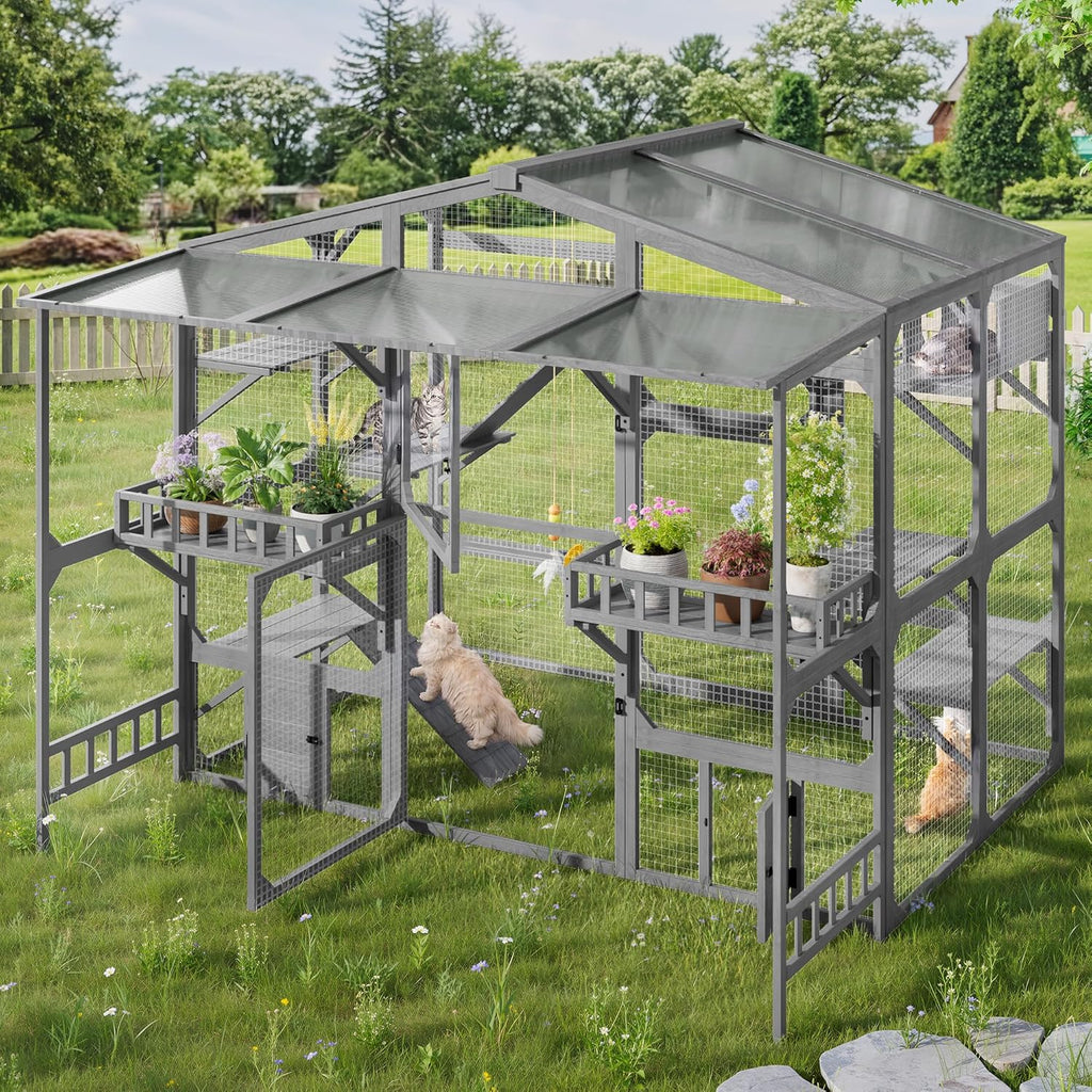 Large Outdoor Catio for 6-10 Cats with 6 Platforms, Climbing Ramp, Resting Box and Scratching Post, Weatherproof