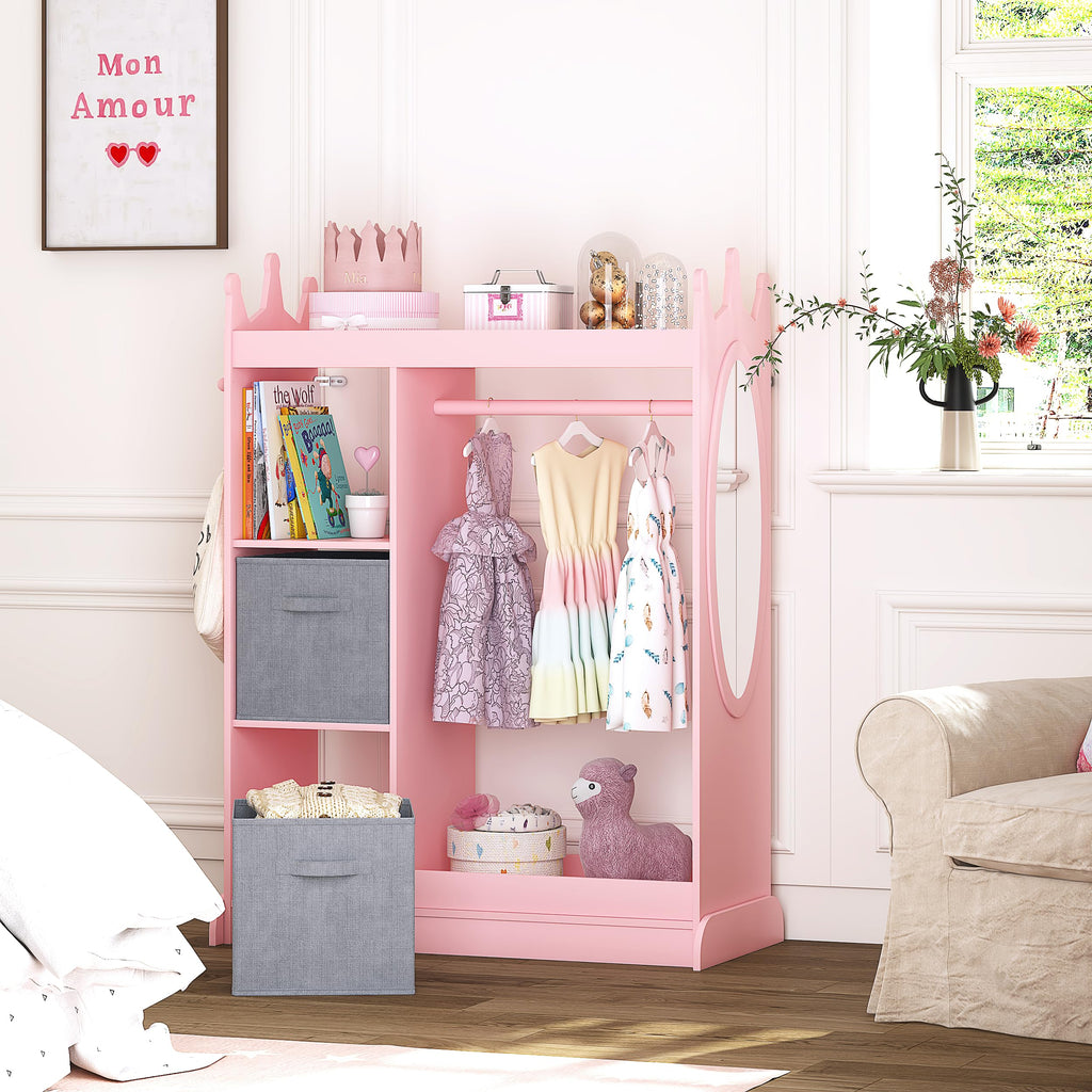 Kids Armoire Wardrobe Closet with Mirror and Storage Bin, Pink, 33.4 in W x 15.75 in D x 44.5 in H