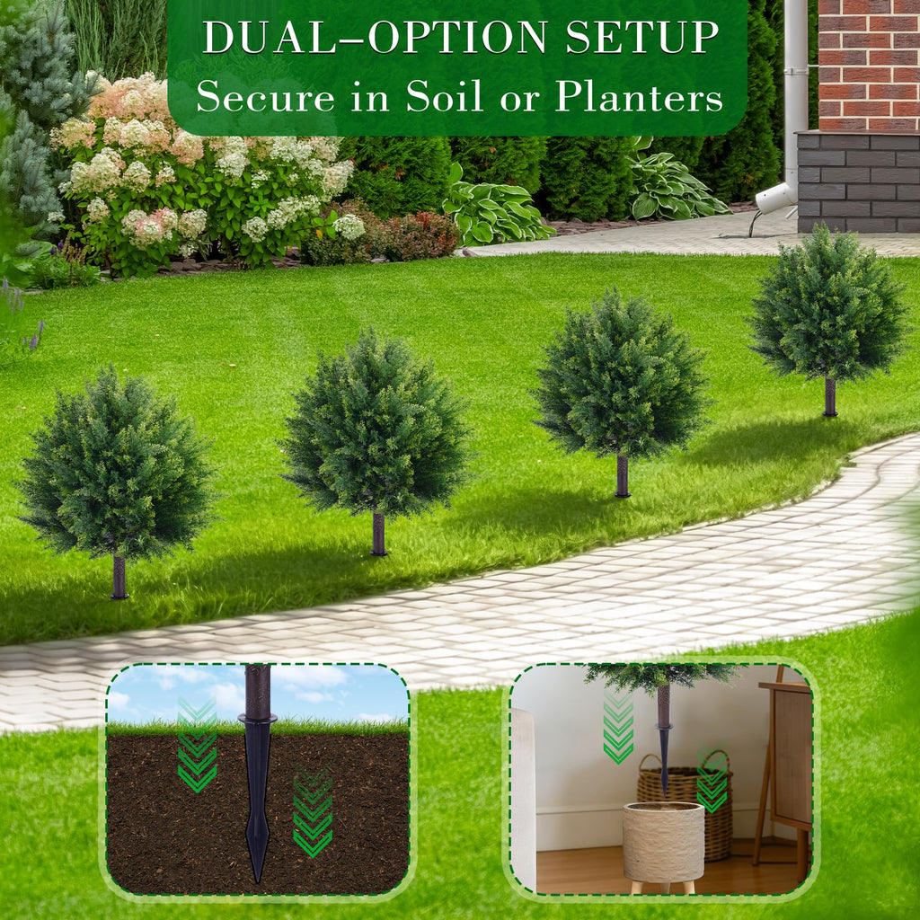 27.6'' Artificial Cedar Topiary Ball Trees (2 Pack), UV Resistant Faux Evergreen Shrubs with Ground Spikes, Realistic