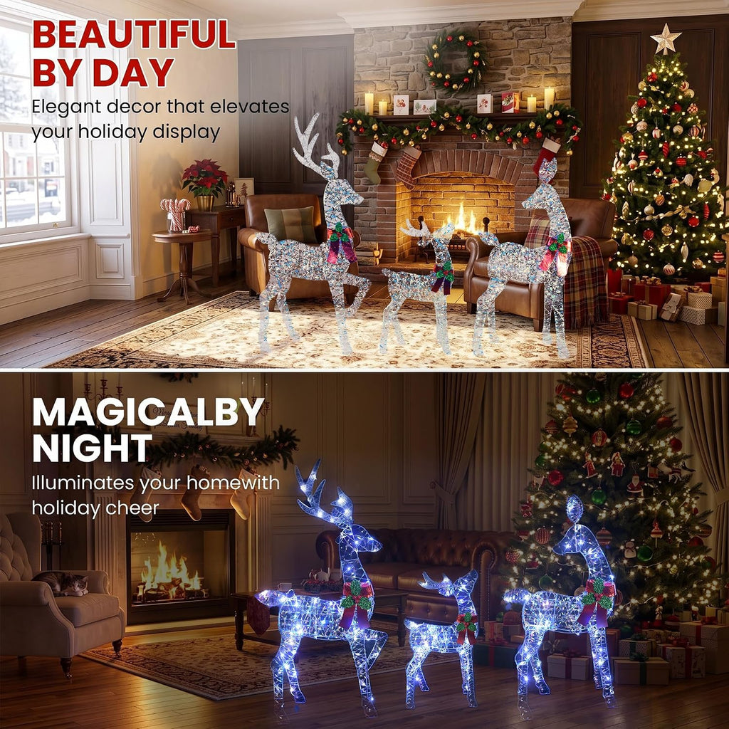 3-Piece 48'' 2.5D Lighted Christmas Deer Family Set, Outdoor Yard Reindeer Decoration with 145 Cool White LEDs