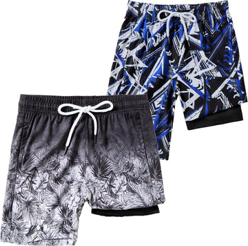 2 Pack Boys 2 in 1 Swim Trunks Boxer Brief Liner Compression Swimming Shorts Quick Dry Swimwear