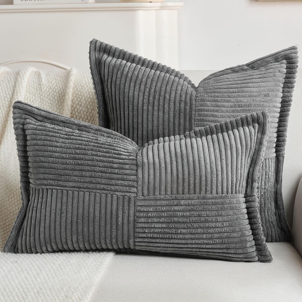 Pack of 2 Corduroy Throw Pillow Covers 20x20 Inch, Dark Grey