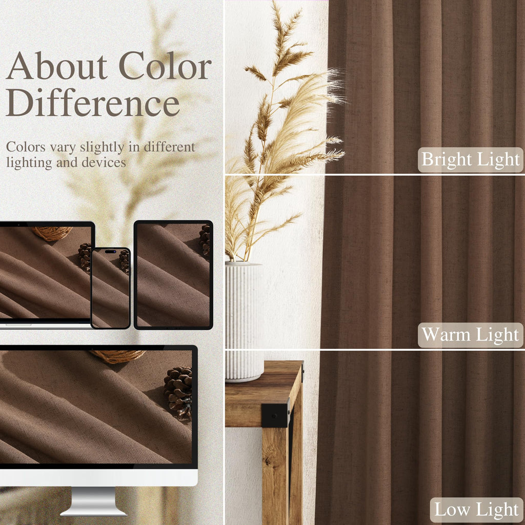 Caramel Brown Linen Curtains 120 Inch Extra Long Back Tab Light Filtering Semi Sheer Drapes Modern Farmhouse Decor