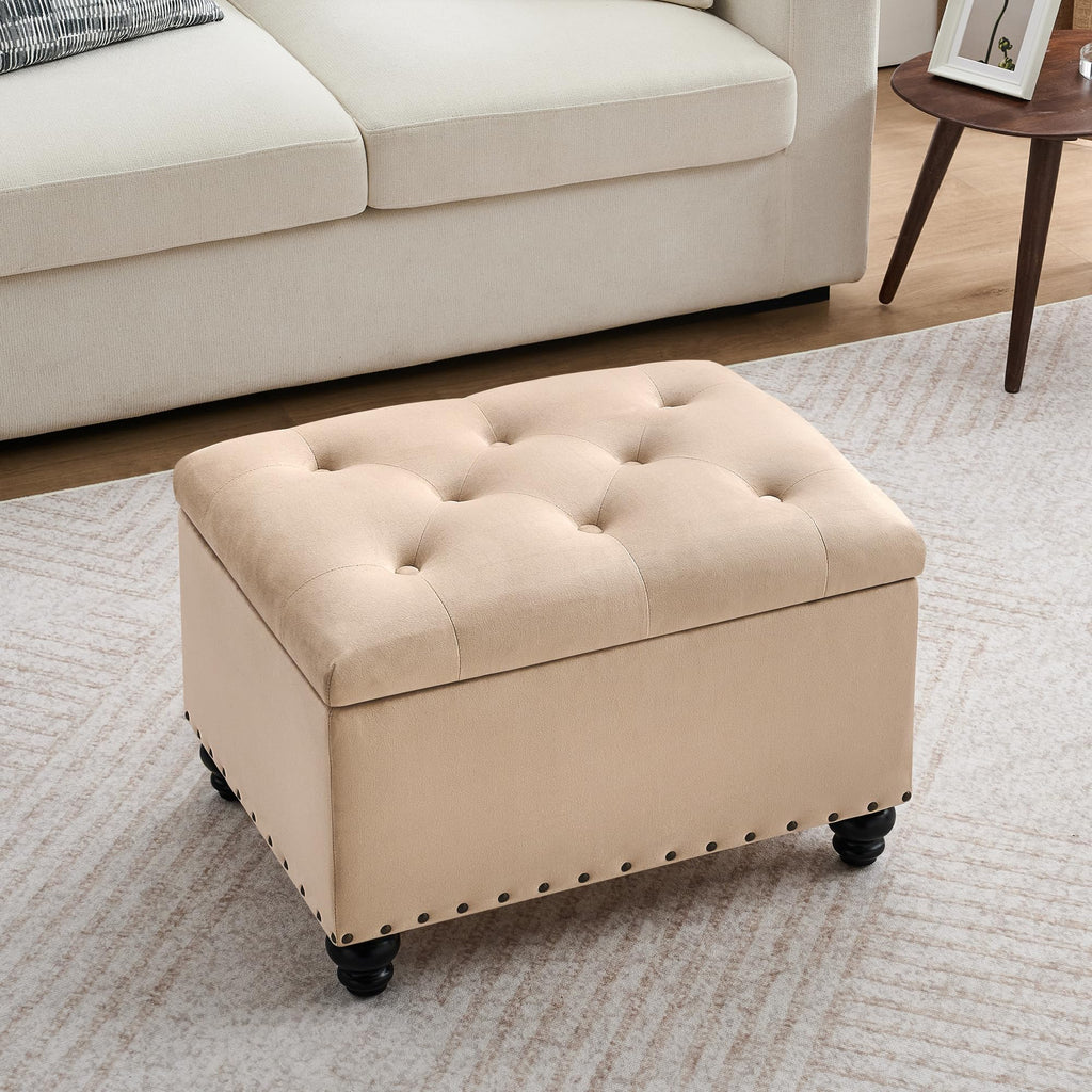 Velvet Storage Ottoman Bench, Button Tufted Ottoman with Hidden Storage, Upholstered Foot Rest Stool with Solid Wood