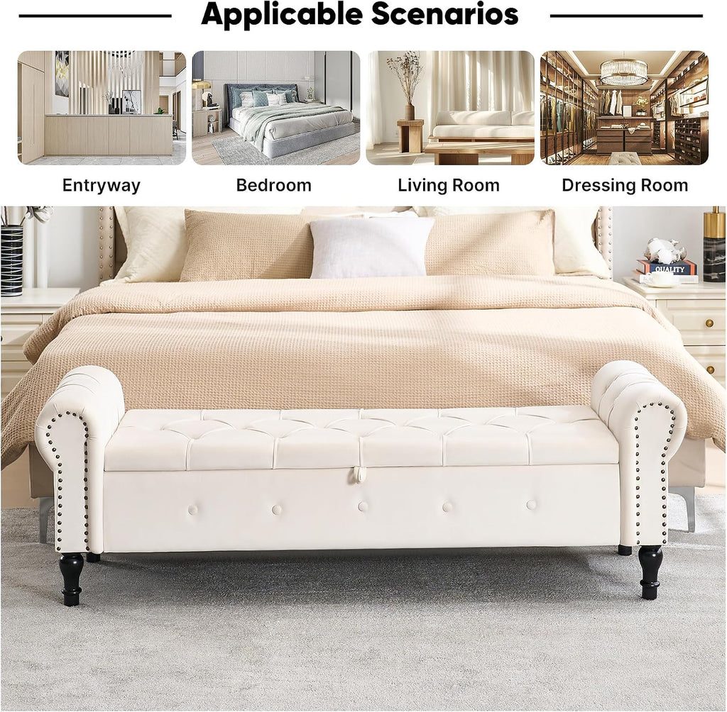 Storage Bench 67" Velvet End of Bed Benches Cream Beige | King Size Storage Bench with Rolled Arms Tufted Ottoman