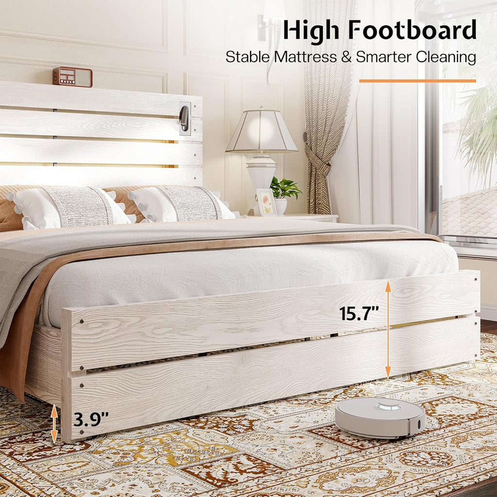 Queen Farmhouse Bed Frame with 51" Barn Door Headboard, LED Reading Lights, Platform Bed Frame with Wood Slats, Under