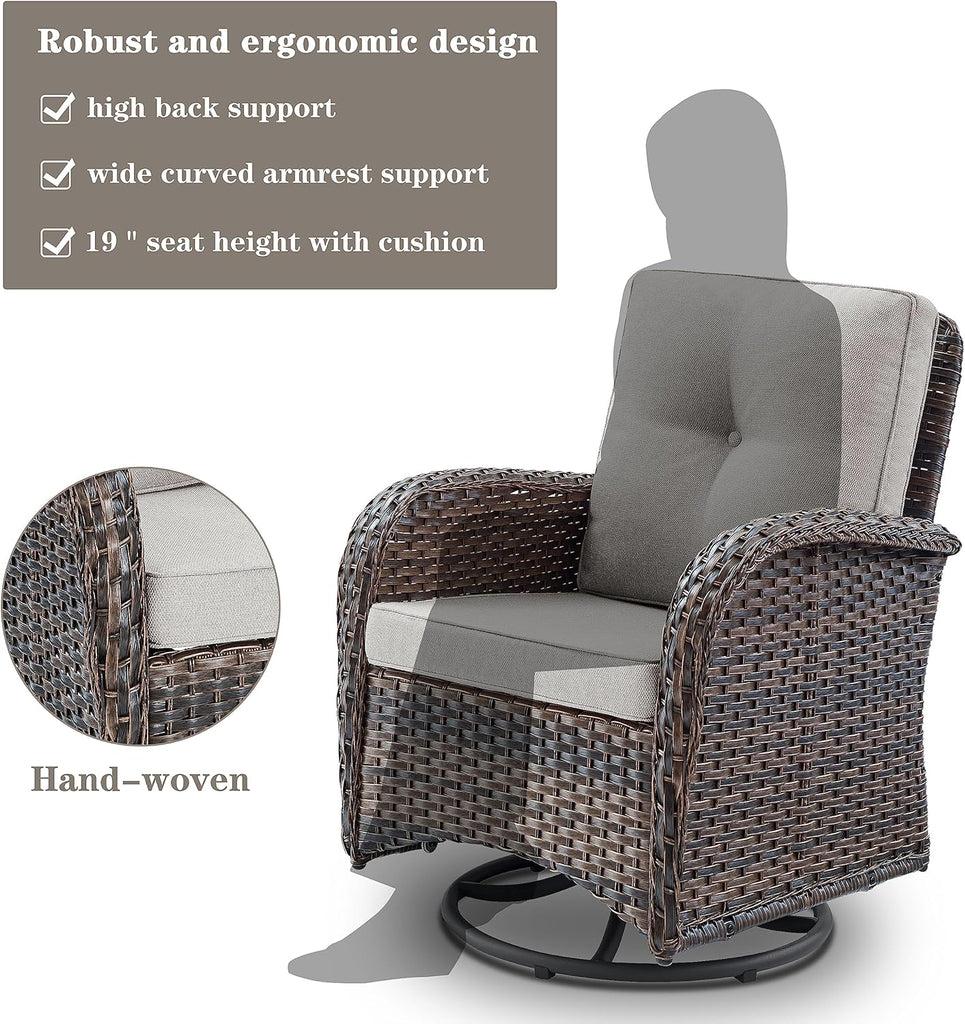 Patio Furniture Swivel Glider PE Wicker Chairs, Outdoor Swivel Rocker Seating with Cushions for Porch Deck Balcony
