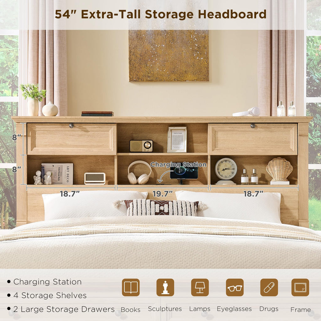 Farmhouse Bed Frame with Charging Station, 2 Footboard Drawers
