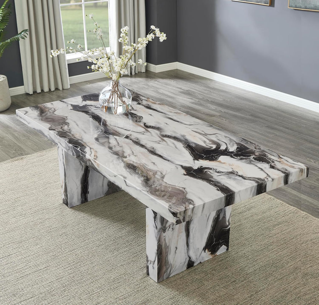 Cavira Modern Faux Marble Dining Table with Double Pedestal Base