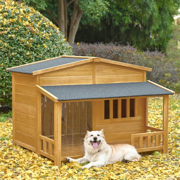 47.2" Medium Size Wooden Dog House with Porch Removable Door Curtain Pet Kennel Cabin Style Raised Dog Shelter