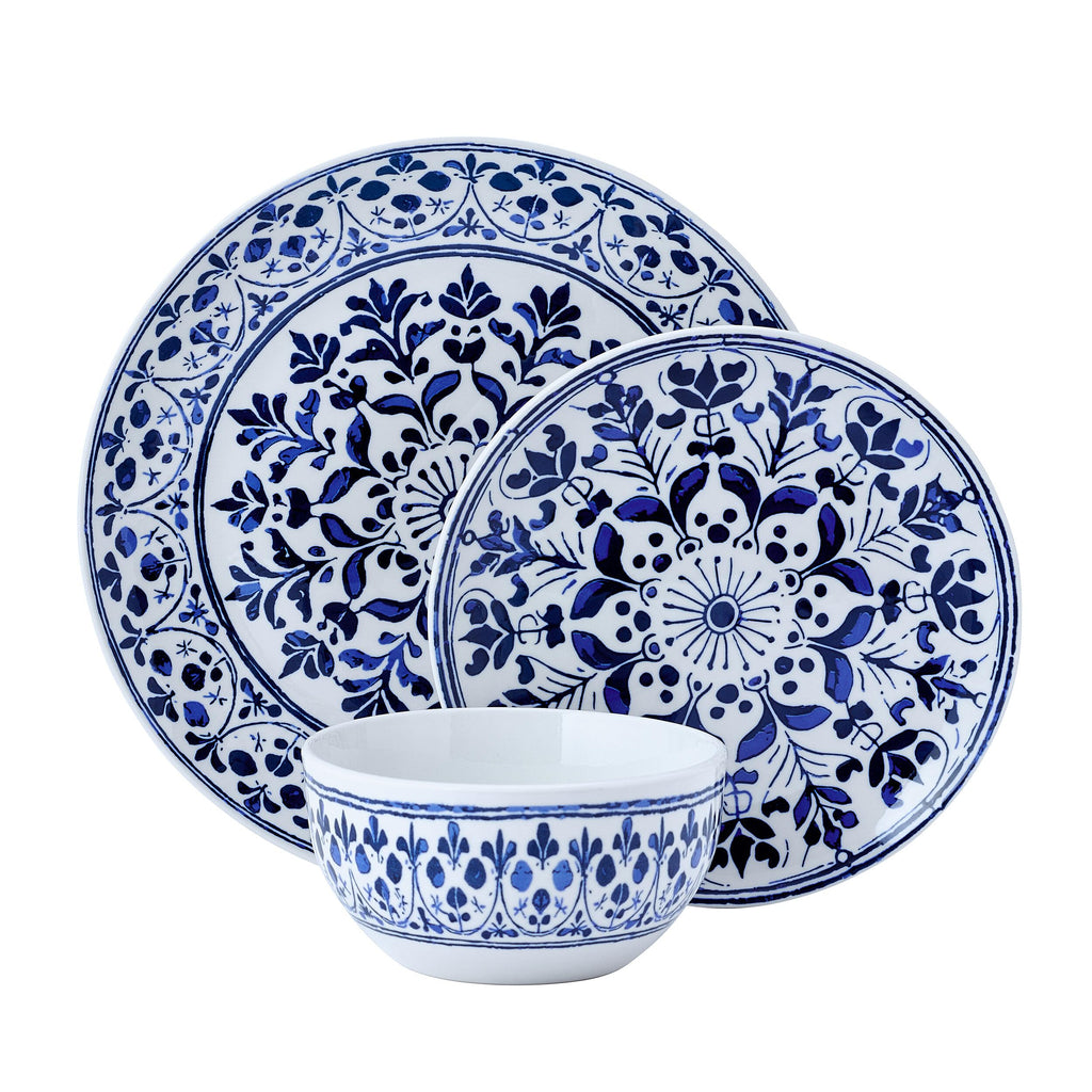 Medallion Radiance 12 Piece Stoneware Dinnerware Plate Bowl Dish Set, Service for 4, Blue