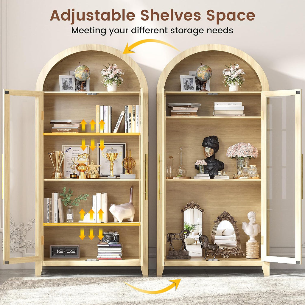 71" Arched Kitchen Pantry Storage Cabinet with Glass Doors | 5-Tier Display Cabinet for Collectibles, Tall Bookcase