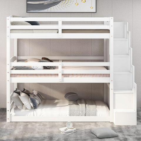 Solid Wood Triple Bunk Bed Twin with Storage Stairs and Shelves for Saving Space, Can Bed Separated Into 2 Beds