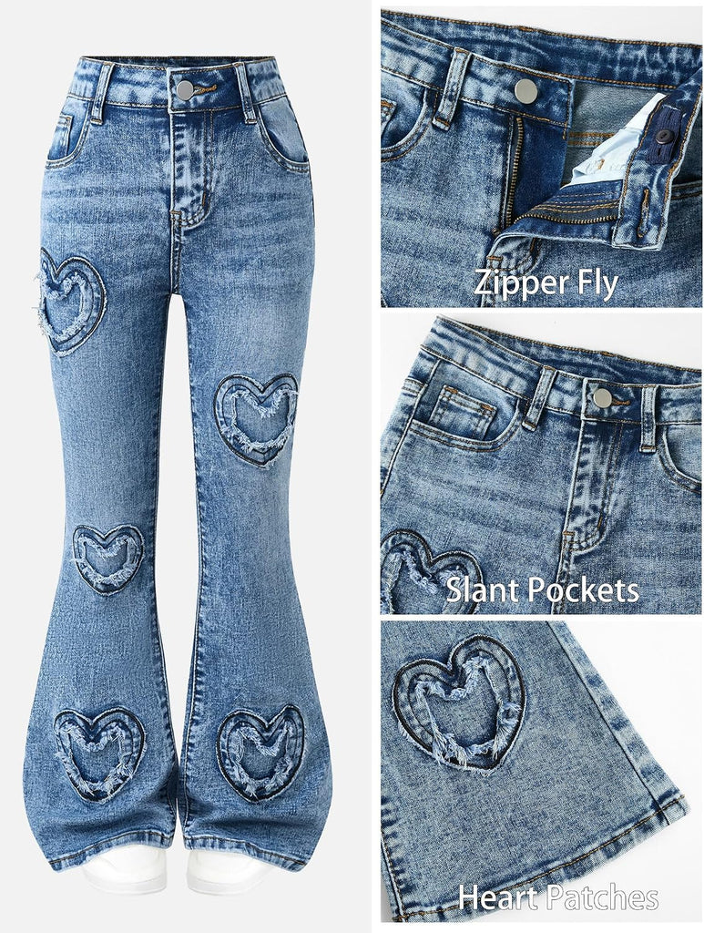 Girls Jeans Flare High Elastic Waist Denim Pants Bell Bottom Stretch Cute Y2K Streetwear with Pockets