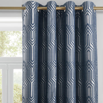 Indigo Blue and Silvery 100% Blackout Jacquard Geometric Pattern Curtains, 52 Inch Wide 120 Inch Length 2 Panels