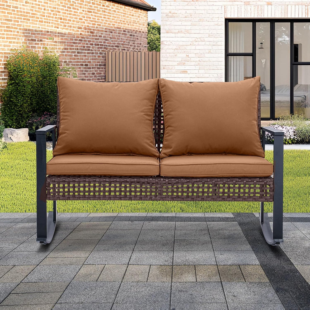 Outdoor Wicker Loveseat Rocking Chair, Patio Outdoor Furniture Conversation Sets, Rattan Rocker Chair with Cushions