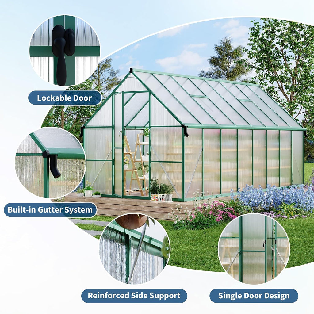 8 x 16 ft Outdoor Polycarbonate Greenhouse Kit, Heavy Duty Greenhouse with Reinforced Aluminum Frame, Adjustable Roof