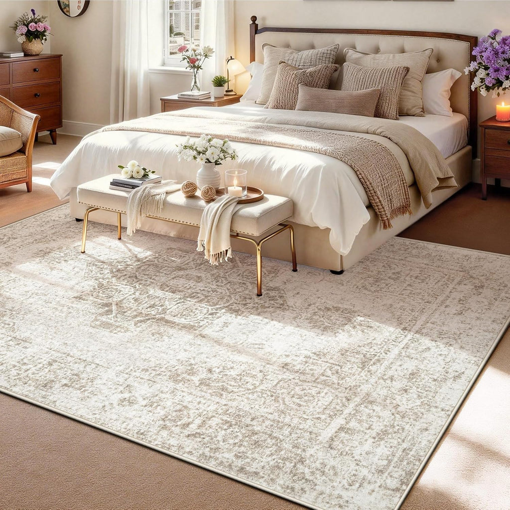 5x7 Area Rugs, Washable Vintage Boho Neutral Medallion Rug Non Slip Low Pile Floor Carpet Nursery Dining Room