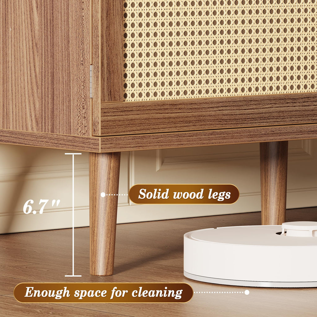 Boho TV Stand for 65 Inch TV, Entertainment Center with Adjustable Shelf, Rattan TV Console with 2 Cabinets, Media