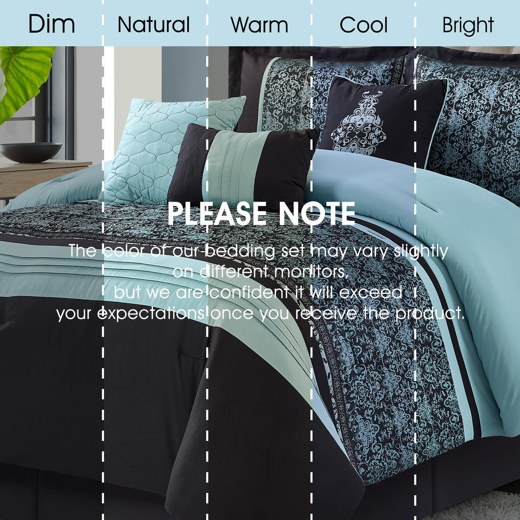 Aqua Black California King Comforter Set, Damask Jacquard with Matching Solid Piece Work, 7 Piece Soft Bedding Set