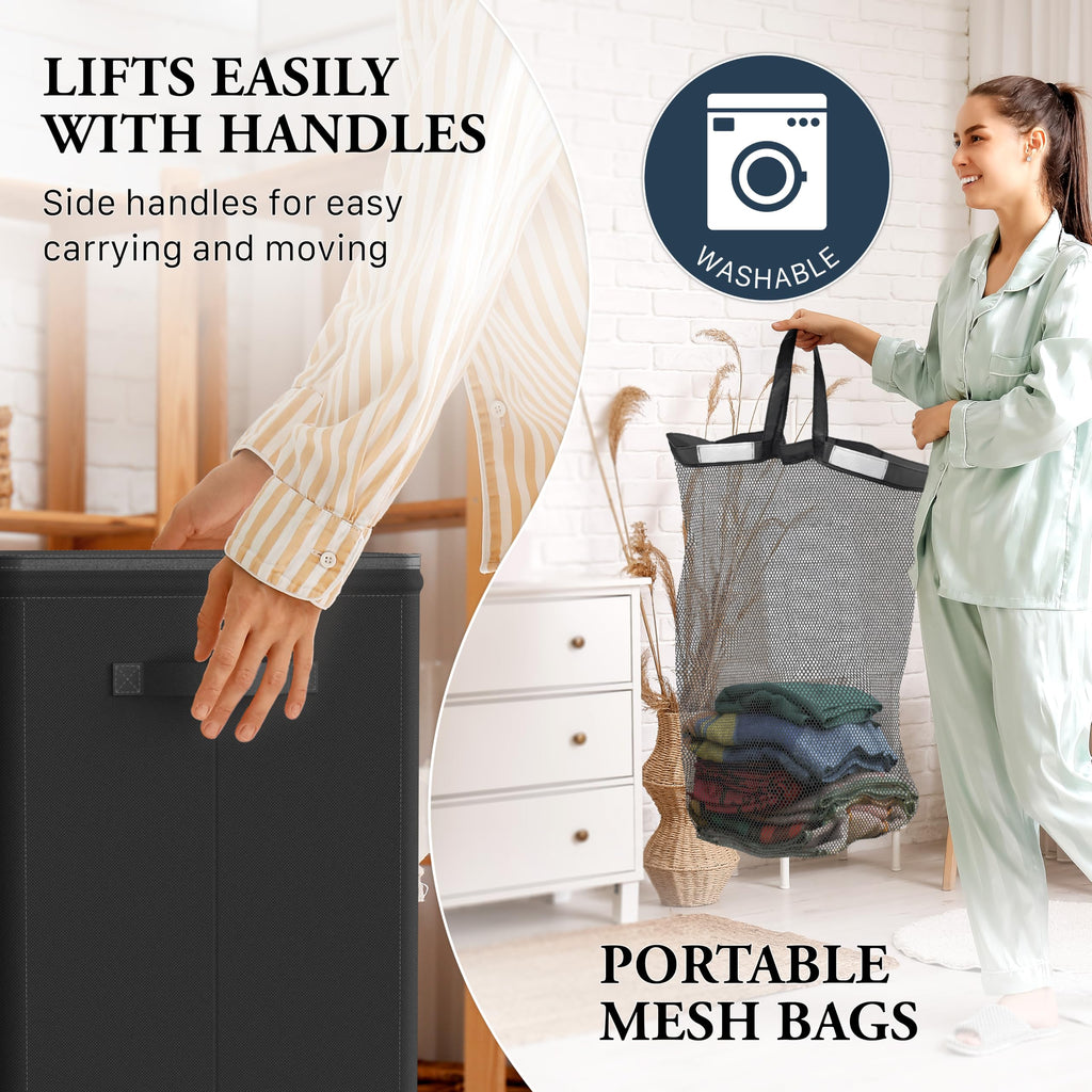 Foldable Laundry Hamper Basket with Lid and Bag, Black