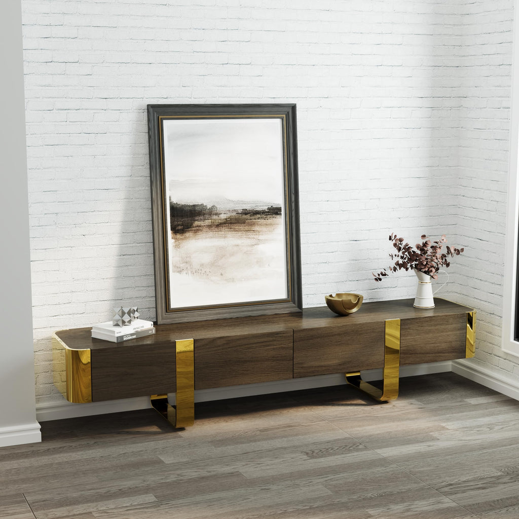 Walnut and Gold TV Stand, 79" TV Entertainment Center with 2 Hidden Storage Drawers and Cabinets, Media Console with