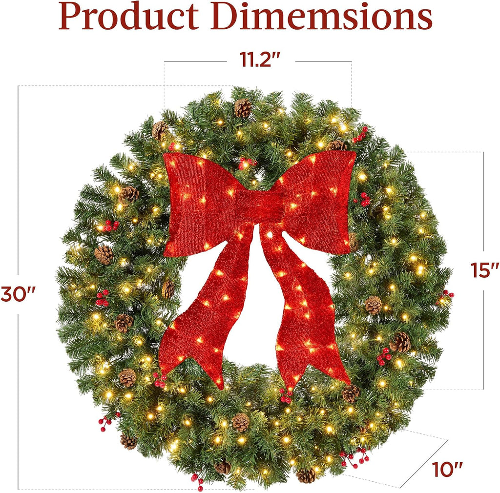 30in Pre-Lit Christmas Wreath w/Berries & Pinecones, Large Artificial Indoor/Outdoor Decor for Door, Mantel w/Red
