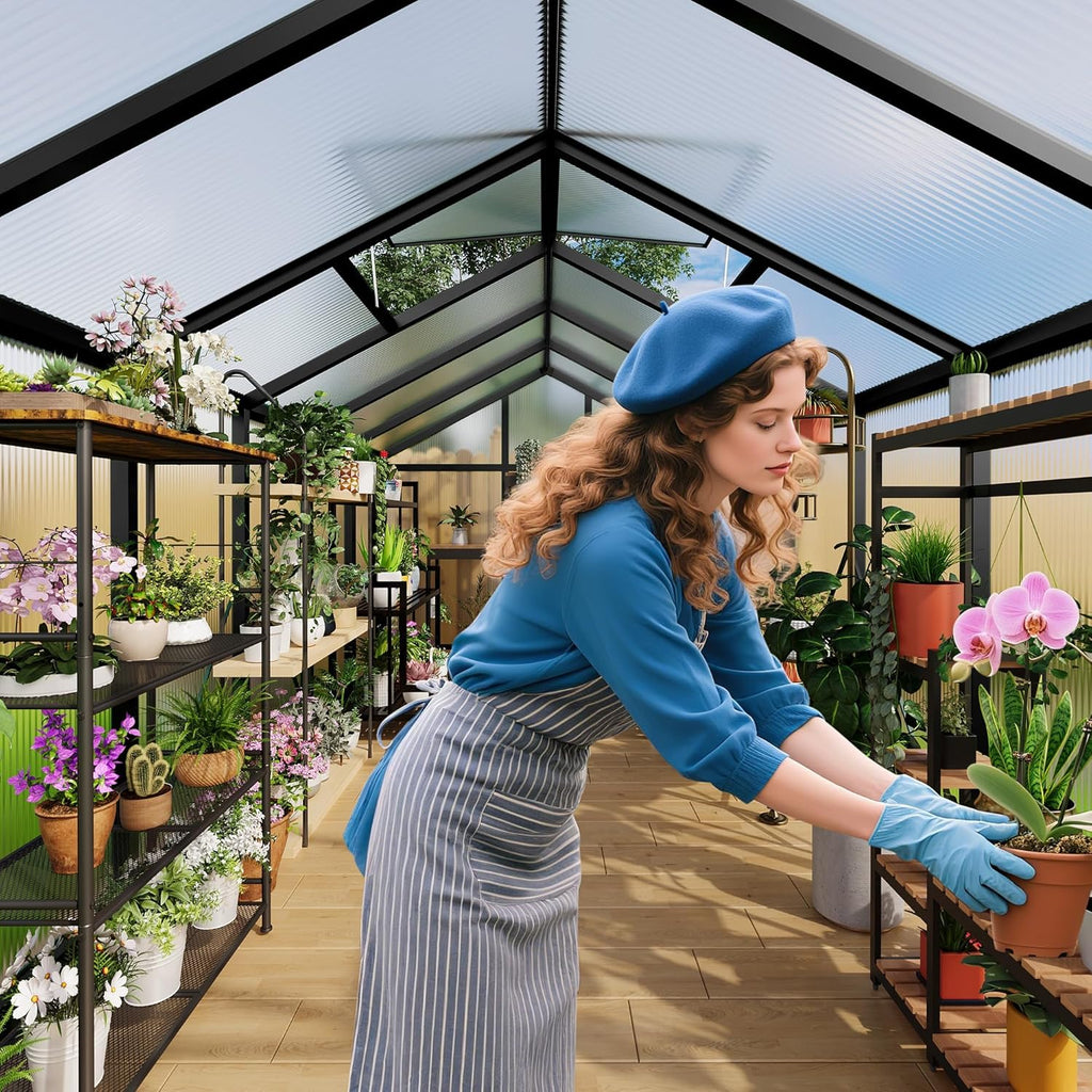 8x12ft Walk-in Greenhouse, Heavy Duty Large Outdoor Green House | Polycarbonate Garden Greenhouse with Roof Vent