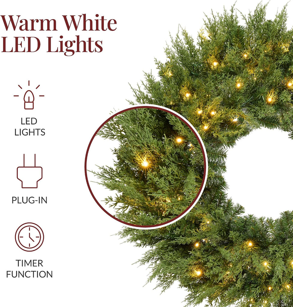 Pre-Lit Cedar Cypress Christmas Wreath w/Twinkling LEDs, 30in Realistic Large Indoor/Outdoor Holiday Decor for Door