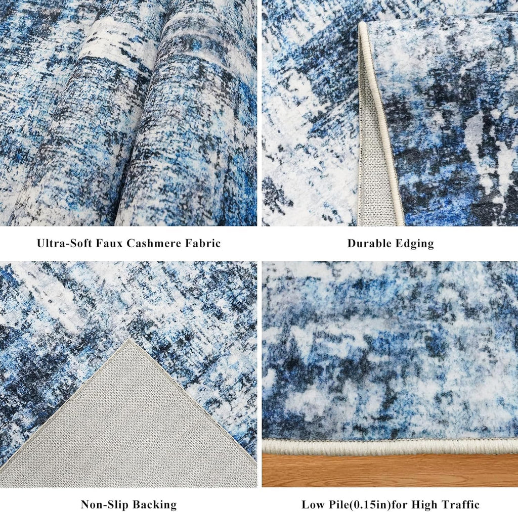 3x7 Washable Non-Slip Kitchen Runner Rug - Modern Abstract Neutral Carpet, Laundry Room - Low-Pile Thin Wide Floor