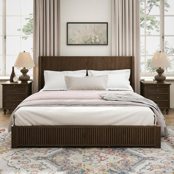 Retro Bed Frame with Tall Headboard, Mid Century Walnut Solid Wood Platform Beds Frames, 10 Strong