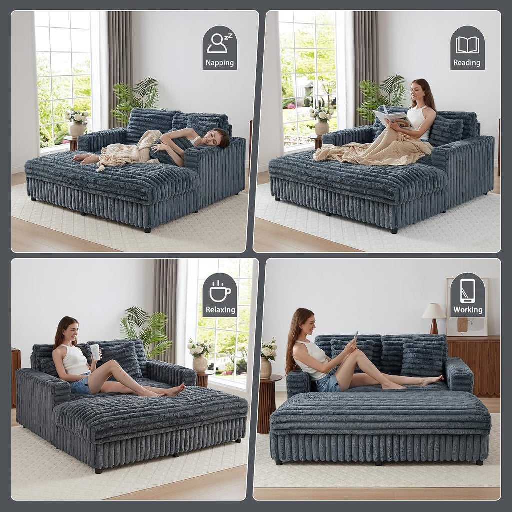 60.43'' Oversized Chaise Lounge Chair Indoor, Grey | Plush Faux Rabbit Fur, Sleeper Sofa Bed with 4 Pillows, Charging