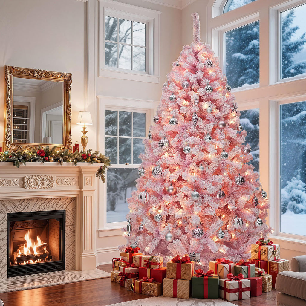7.5ft Prelit Pink Flocked Christmas Tree w/ 550 Warm White Lights