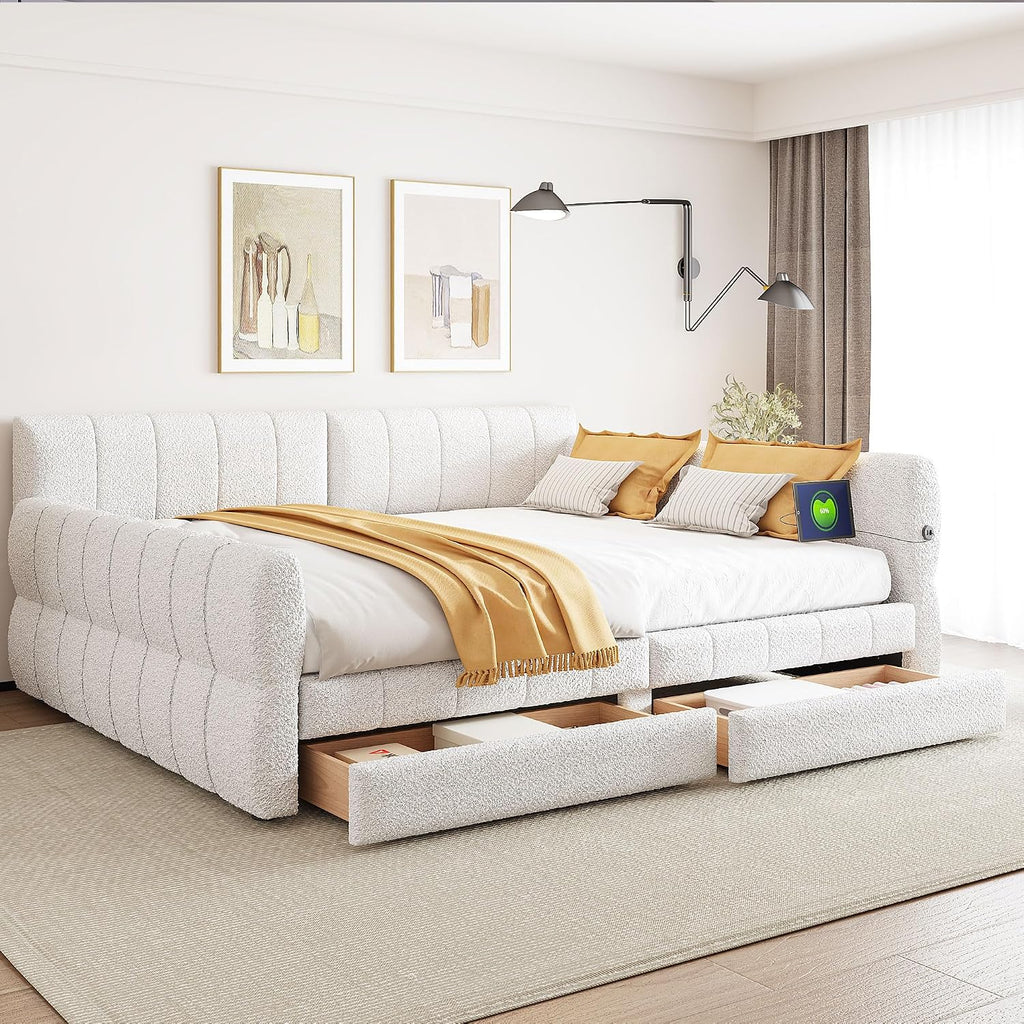 Queen Daybed Frame with 2 Drawers, Lambswool Upholstered Day Bed with USB Ports, Wood Slat Support, No Box Spring