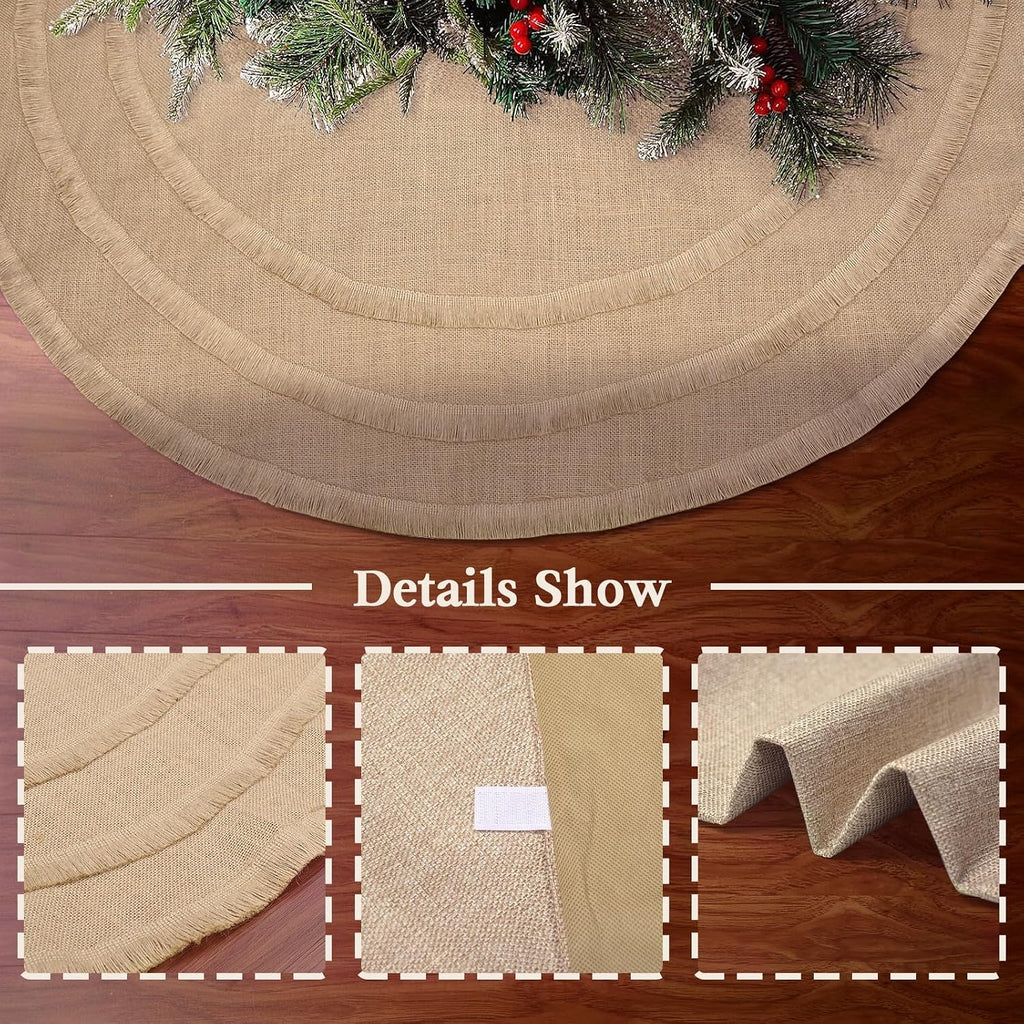 48" Burlap Christmas Tree Skirt with 3-Layer Tassel Design, Brown Rustic Farmhouse Jute Linen Large Fall Tree Skirt