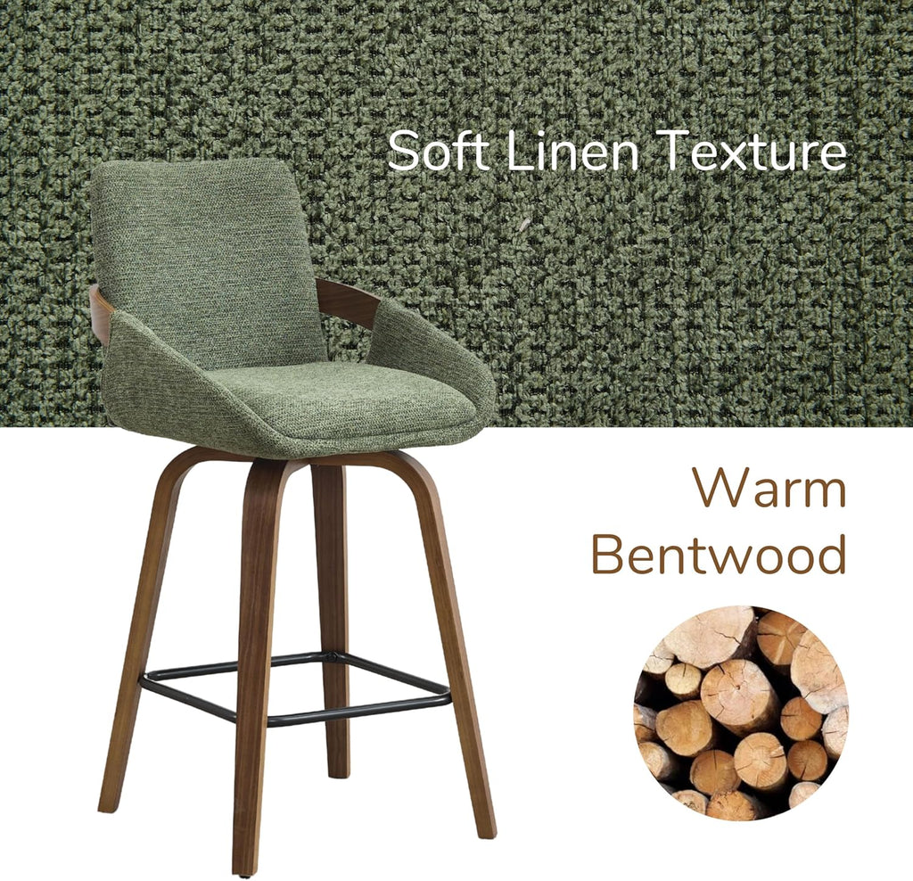 Counter Height Swivel Bar Stools Set of 2, 26" Linen Fabric Counter Stools with Walnut Bentwood Back, Cozy